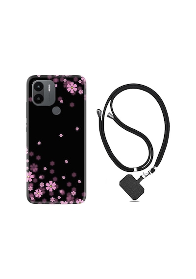 Xiaomi Redmi A1 Kılıf İpli Boyun Askılı Desenli Silikon Black flowers 1391