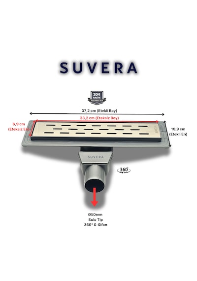 33cm 304 Paslanmaz Izgaralı Seramik Etekli Koku Önleyici Klapeli Duş Kanalı - Ø50 Mm 360 S-sifon Çizgili Izgara Çizgili Izgara Line