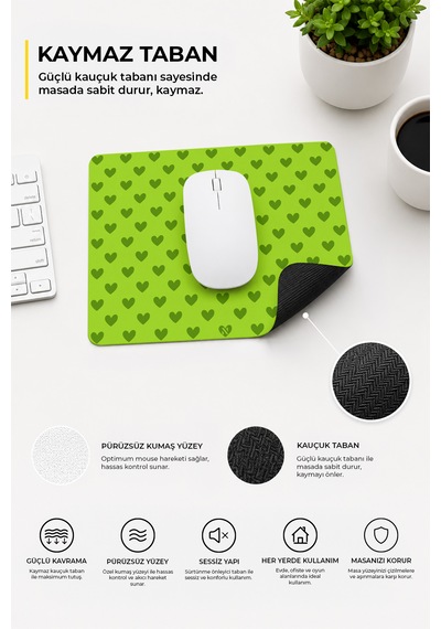Yeşil Renkli Kalpli Desenli Ergonomik Mouse Pad, Kaymaz Yüzey İle Ev Ve Ofis Kullanımı İçin İdeal