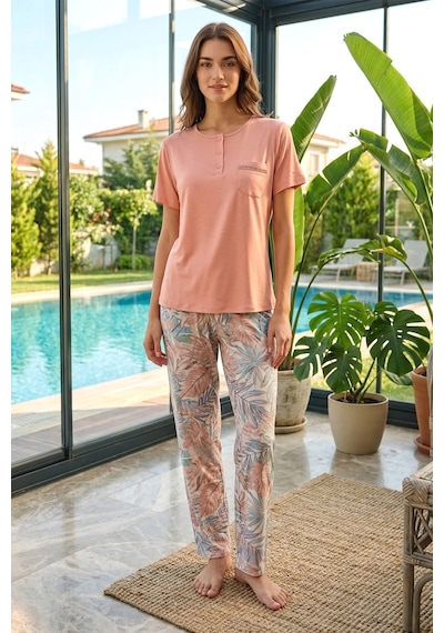 Remsa Kadın Viskon Kumaş Kısa Kol Pijama Takımı 3353 Pudra02