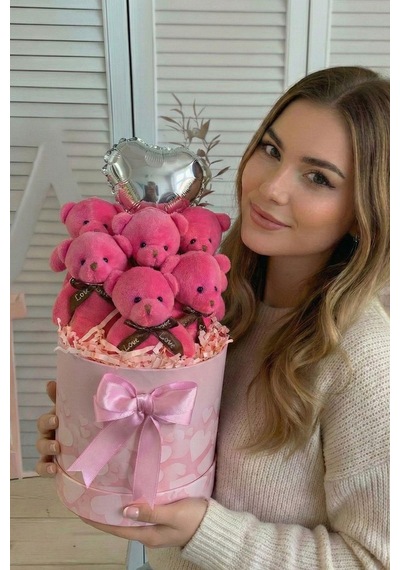 Premium Silindir Kalpli Pembe Kutusunda, Kalpli Balonlu 6 Lı Fuşya Ayıcık Buketi, Sevdiğine Hediye