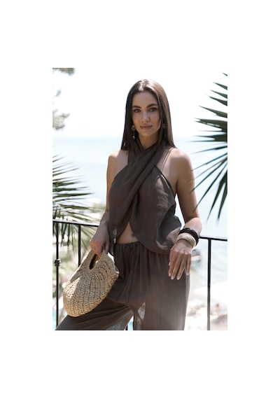 Mai Collection Mai Studios Co. Cadhas Boyundan Bağlamalı Kahve Crop Pantolon Takım Kahve