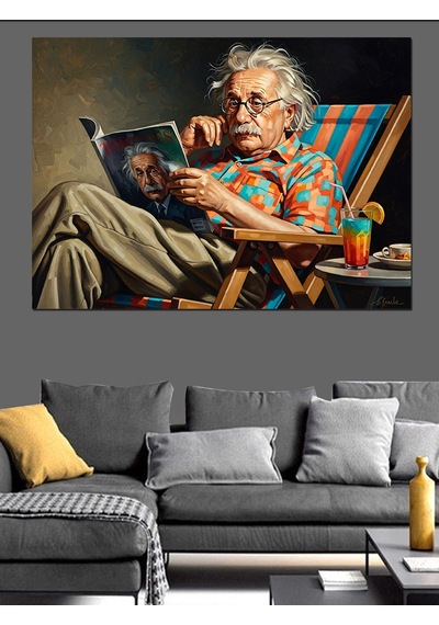 Kitap Okuyan Gözlüklü Yaşlı Einstein Dekoratif Kanvas - Mdf Ahşap Tablo