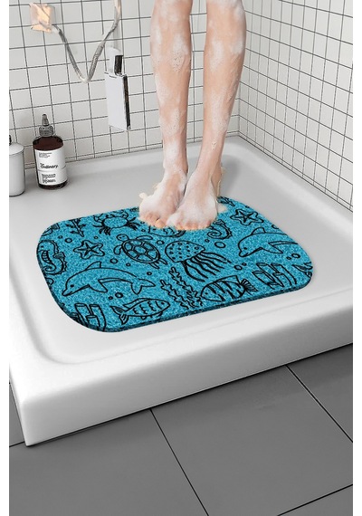 Desenli Banyo Paspası Kaymaz Taban Yumuşak Esnek Paspas Islak Zemin Hijyenik Paspas 40x60 Cm Mavi