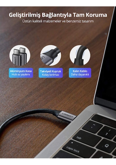Ugreen 50751 60W Thunderbolt USB3.1 GEN1 3A QC PD Hızlı Şarj Kablosu 1.5 Metre Siyah