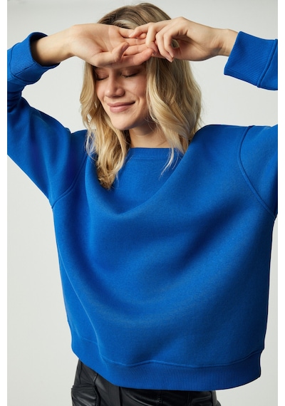 Grimelange VANELTINA Kadın Organik Pamuklu Yumuşacık İçi Polarlı Yuvarlak yakalı Parlament Mavi Sweatshirt