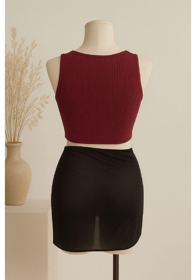 Moda Dua Kadın Bordo Yuvarlak Yaka Crop Ve Siyah Pareo 2'li Set