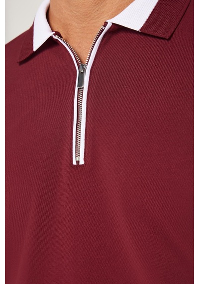 Tudors Erkek Slim Fit Dar Kesim %100 Pamuk Düz Pike Fermuarlı Bordo Polo Yaka Tişört-31111 Bordo