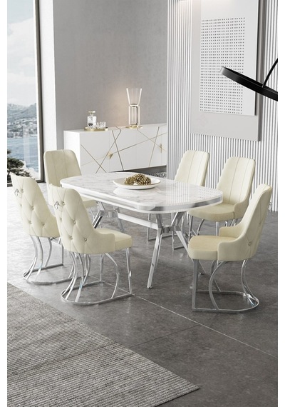 Canisa Epal Serisi 90x168 Lak Panel Beyaz Mermer Desen Masa Takımı Krom Ayaklı 6 Krem Sandalye Beyaz Mermer Desen Masa Sandalyeler Krem Canisa Epal Serisi 90x168 Lak Panel Beyaz Mermer Desen Masa Takımı Krom Ayaklı 6 Krem Sandalye Beyaz Mermer Desen Masa Sandalyeler Krem