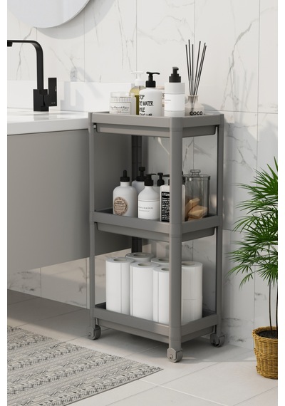 3 Katlı Banyo Raf Ünitesi Peggy Gri Banyo Düzenleyici Şampuanlık Havluluk Dolap Gri Renkli