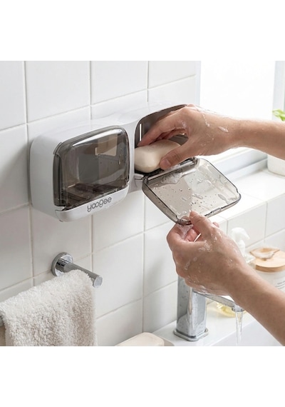 Buffer Duvara Monte İkili Kapaklı Plastik Katı Sabunluk Organizer Banyo & Mutfak İçin Yapışkanlı Sabun Kutusu Ve Düze Beyaz