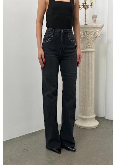 Lacarino 7984 Wide Leg Kadın Jean Pantolon Siyah Taşlı