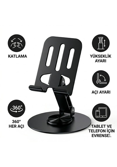 360 Ayarlanabilir Katlanabilir Telefon & Tablet Standı Yükseklik Ve Açı Ayarlı Masa Üstü Tutucu Siyah