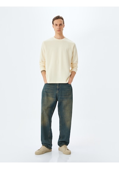 Koton Pamuk Karışımlı Dokulu Basic Bisiklet Yaka Sweatshirt Ekru 5wam70247mk Ekru