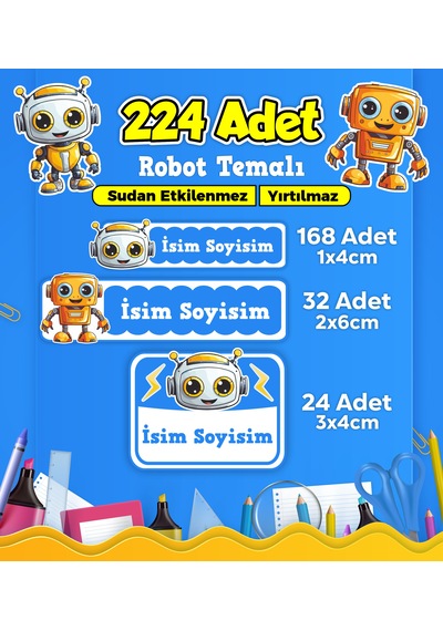 Robot Temalı Okul Kreş Kişiye Özel İsim Etiket Seti - Model 431 Çok Renkli