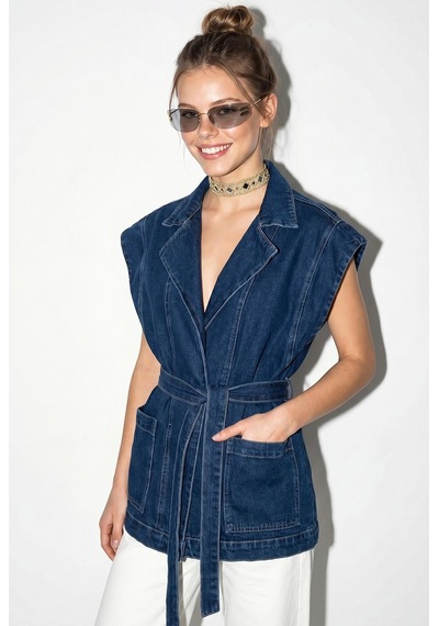 Shade Kadın Kuşak Bağlamalı Cepli Kruvaze Yaka Denim Yelek 3551 60286226 - Lacivert