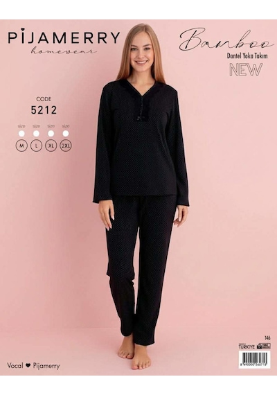 Pijamerry Kadın Bambu Baharlık Dantel Yaka Uzun Kol İnce Pijama Takımı 5212s - 1 Adet Siyah Pijamerry Kadın Bambu Baharlık Dantel Yaka Uzun Kol İnce Pijama Takımı 5212s - 1 Adet Siyah