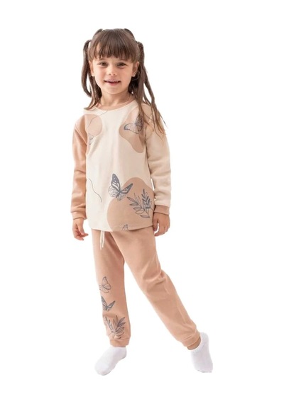 Bebegen Kız Çocuk Kahve Bej Kelebek Baskılı 2'li Pijama Takımı Çok Renkli