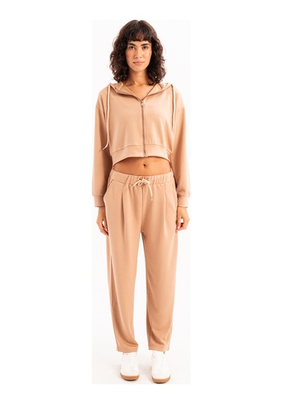 Justever Oversize Fit Beli Lastikli Cepli Rahat Kesim Vizon Kadın Eşofman Altı Pantolon - Flex Vizon