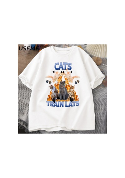 Kedi Tren Lats Graphci T Shirt Komik Spor Adam Giysileri Tshirt Boy Rahat Pamuk Kısa Kollu Ti 2961 Beyaz