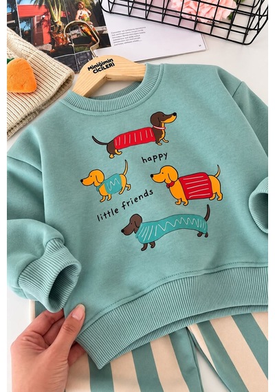 Minigimin Cicileri Sevimli Köpek Baskılı Sweatshirt Çizgili Bol Paça Kız Çocuk 2 Li Takım - Mint Diğer