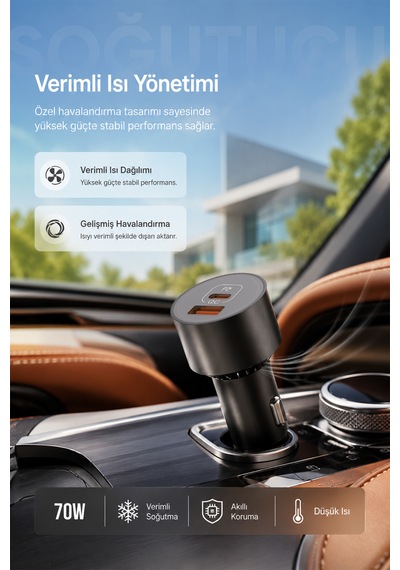 Kensa 70w Araç Hızlı Şarj Aleti Usb-c + Qc Usb-a Girişi Tüm Araçlar Uyumlu Şarj 70w Car Charger