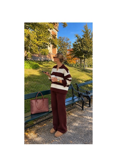 Nilza Rome Kadın Bordo Polo Yaka Çizgili Triko Alt Üst Takım Bordo