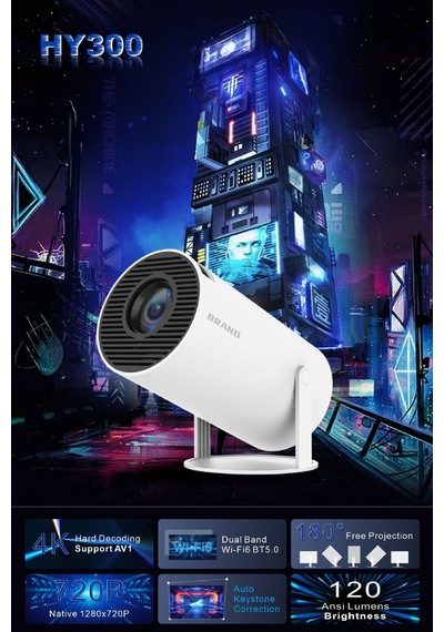 Hy300pro 4k Ev Sinema Projektörü-kablosuz Duvara Yansıtma Beyaz