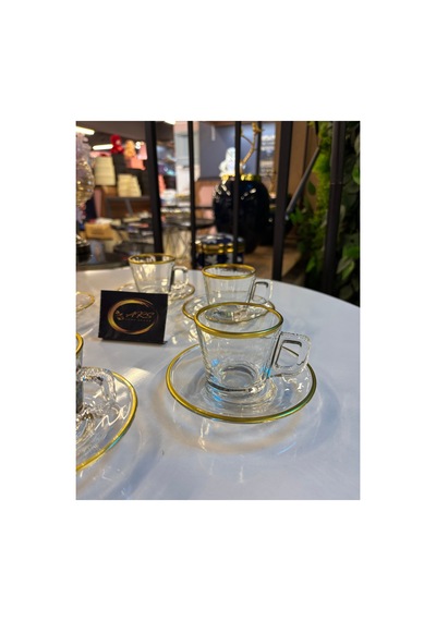 Özel Tasarım Gold Yaldızlı 6 Kişilik 12 Parça Kahve, Çay Fincanı Espresso Takımı, Cam Fincan, Modern