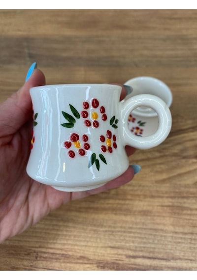 Kırmızı Çiçek Desenli El Yapımı Seramik Kupa, Mug, Türk Kahvesi