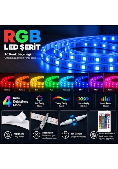 Rgb Led Şerit Seti, 16 Renk Kumandalı, Renk Değiştiren Led Aydınlatma, Adaptörlü Sb-6544 2.5 Metre