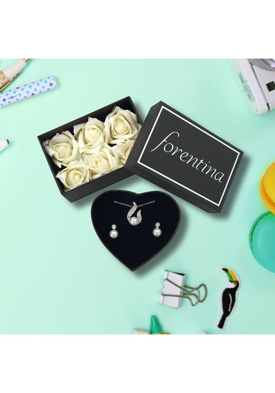 Forentina Güllü Kutuda Beyaz İnci Modeli Kolye Küpe Set  Ps1639