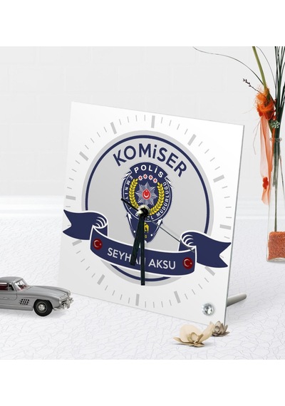 Kişiye Özel Komiser Temalı Masaüstü Kare Cam Saat - 1