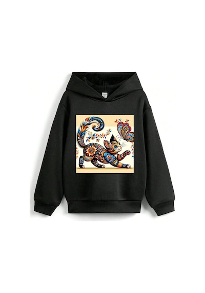 Stil X Sevimli Kediler Baskılı Kapüşonlu Çocuk Sweatshırt Siyah-5