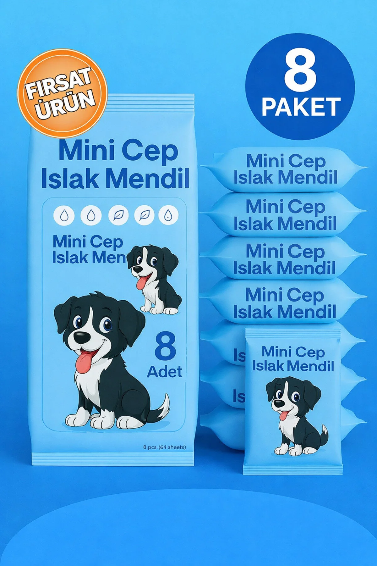 Mini Cep Islak Mendil 8'li Paket Aloe Veralı Alkol I Çermez Yumuşak Dokulu Taşınabilir Mavi 64 Adet