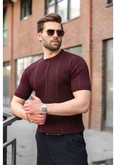 Madmext Mürdüm Regular Fit Bisiklet Yaka Fitilli Triko Erkek Tişört E7490 Madmext Mürdüm Regular Fit Bisiklet Yaka Fitilli Triko Erkek Tişört E7490
