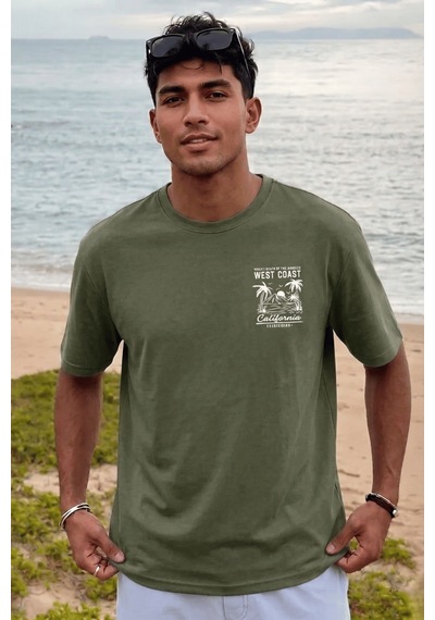 Genius Store Erkek Tişört Pamuklu Kumaş Sırt Baskılı Tişört Sokak Modası Rahat Kalıp T-shirt West-haki
