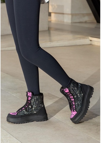 Kadın Vegan Siyah Uzun Bot - Doodle Camo Tasarım Multicolor