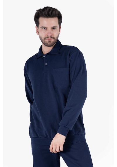 İki İplik Polo Yaka Cepli Sweatshirt Lacivert