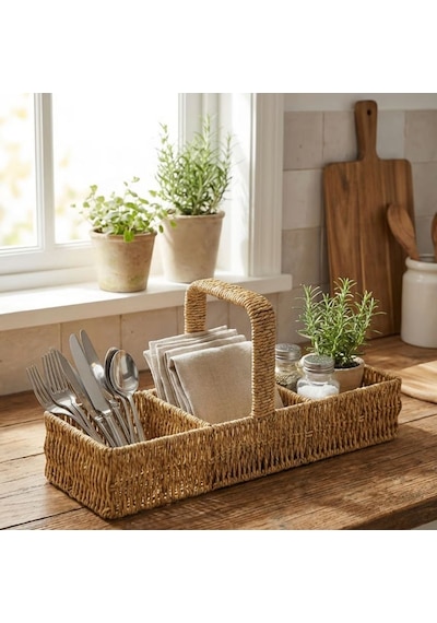 Buffer 3 Bölmeli Plastik Rattan Düzenleyici Saplı Masaüstü Organizer, Mutfak Kaşık Çatal Çok Renkli