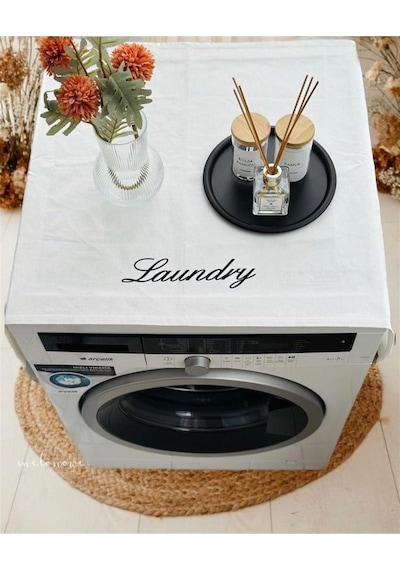 Handmade Baskılı 95x60 Cm Çamaşır Makinesi Örtüsü - Banyo Konsepti Dekorasyon Için Düzenleyici Krem Siyah