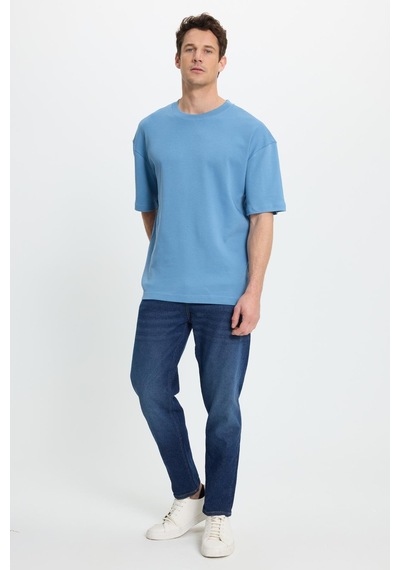 Tudors Unisex Oversize Geniş Kesim %100 Pamuk Yumuşak Dokulu Basic Bisiklet Yaka İndigo Tişört-35180 Çok Renkli