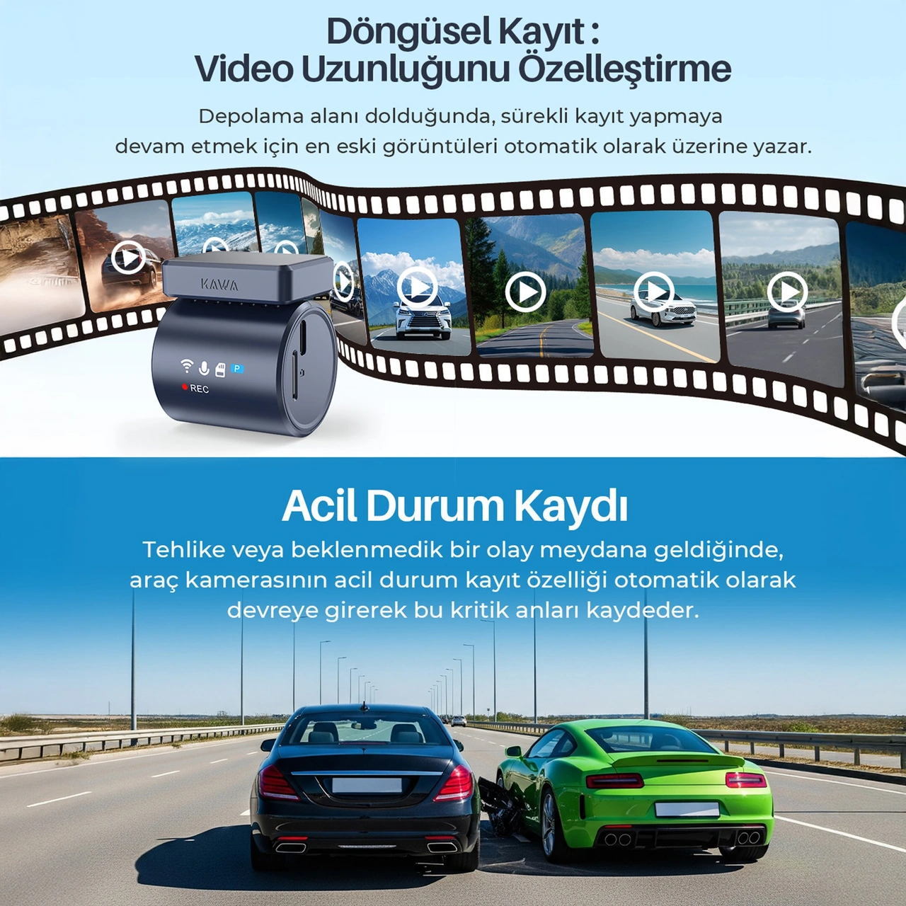 Kawa Mini 3 Pro Gen2 2k 1296p Wdr 145 Geniş Açı Lens Wifi Araç Kamerası + 32gb Hafıza Kartı