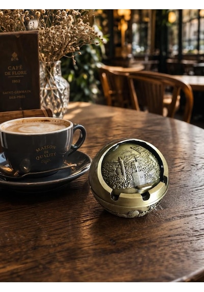 Kapaklı Metal Küllük Açılır Kapanır Dekoratif Masa Üstü Küllük Vintage Sarı 7.5 Cm