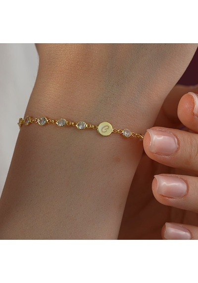 Queen Silver Jewelry 925 Ayar Gümüş Harf Bileklik Yuvarlak Zemine Yazılı Tamtur Zirkon Taşlı Altın