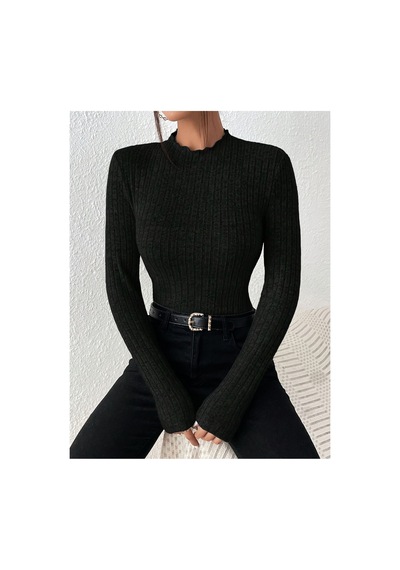 Moda Kadın Dik Yaka Uzun Kollu Esnek Yumuşak Dokulu Body Siyah Siyah