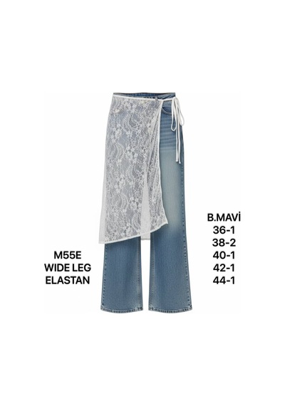 Miss Poem Kadın Buz Mavi Dantelli Yüksek Bel Wide Leg Jean Pantolon