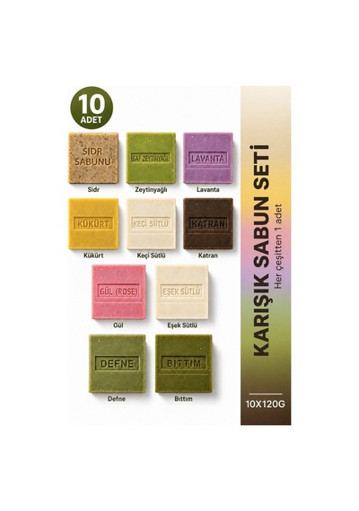 Karışık Sabun Seti 10'lu 10 x 120 g Zeytinyağlı Gül Lavanta Sidr Defne Bıttım Kükürt Katran Sabunu