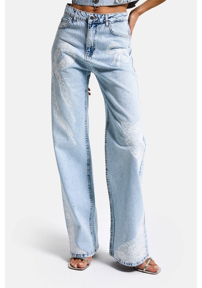 Itsbasic Kadın Ice T-4s6-3 Straight Fit Taş Ve Dantel Detaylı Özel Tasarım Denim Jean Buz Mavi