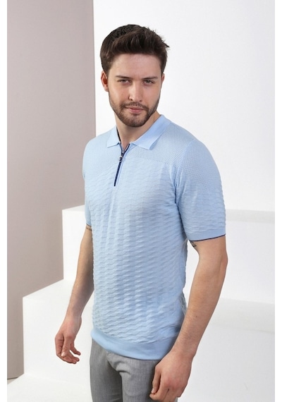 Ferraro Mavi Polo Yaka Fermuarlı Erkek Pamuk Triko T-Shirt-Mavi (417942096) Mavi